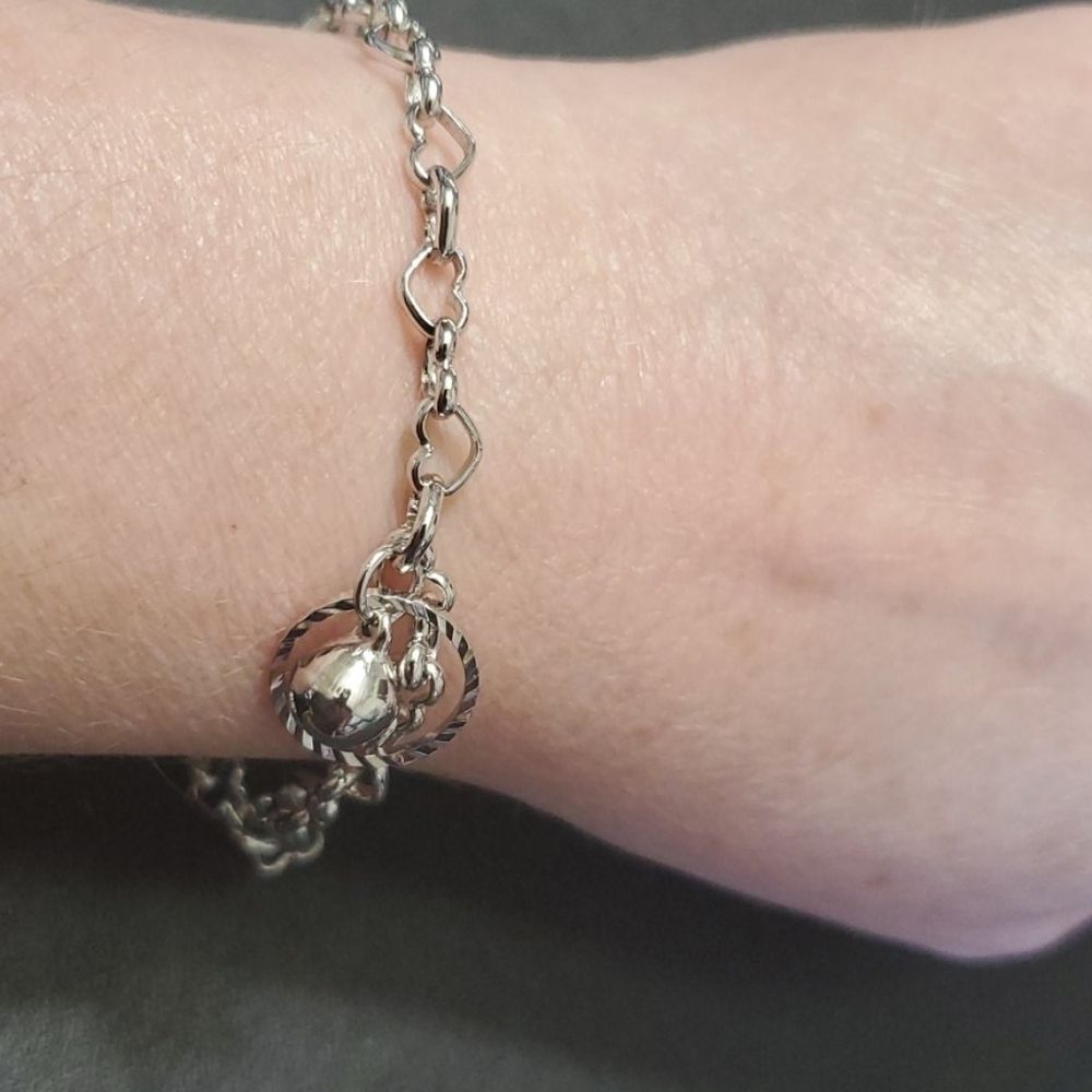 Silver tone open heart and bell bracelet anklet 8.5-10.5"